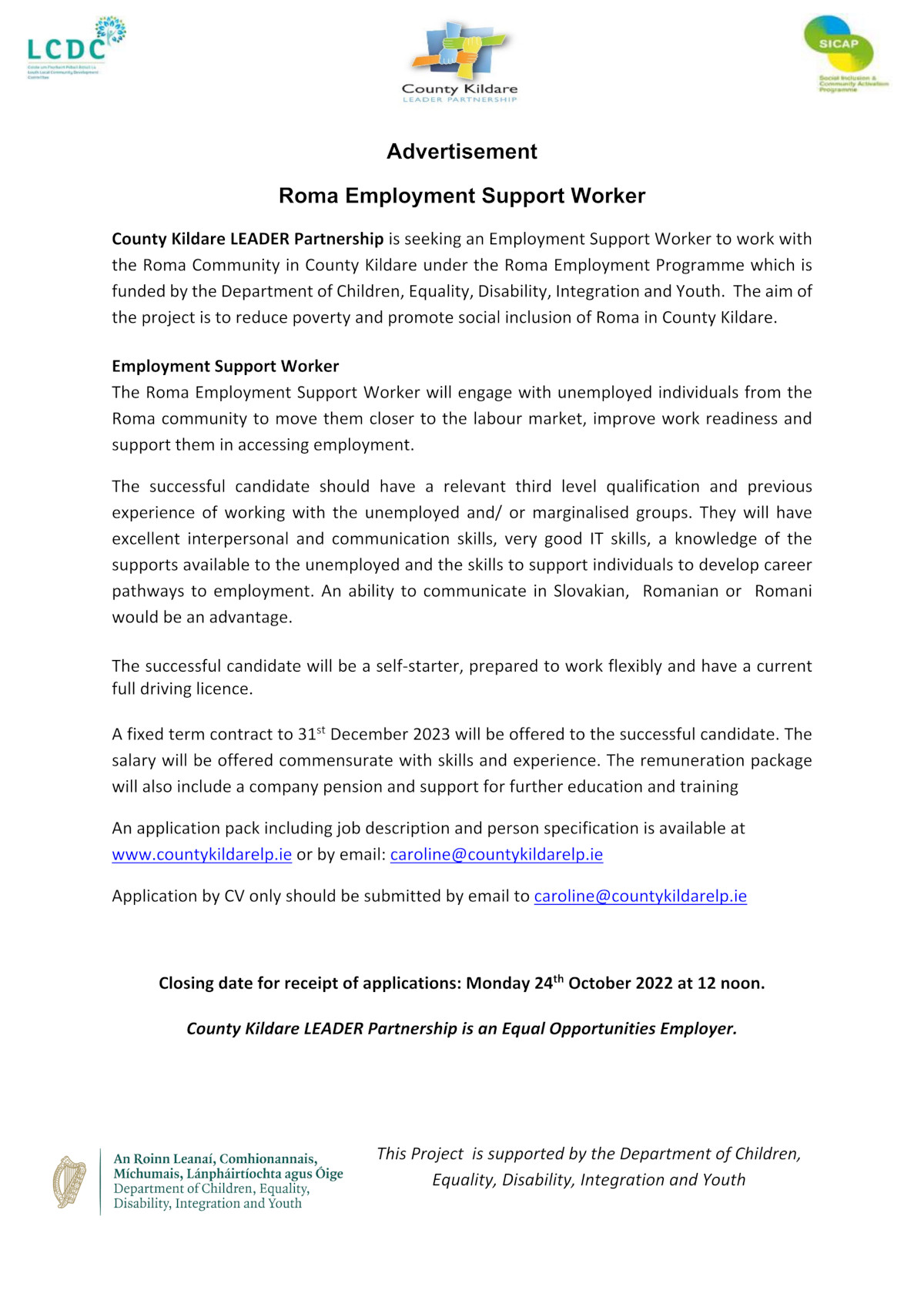 Roma Employment Support Worker County Kildare Leader Partnership