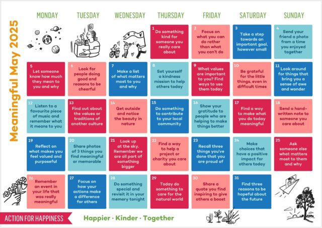 🧠🌱 It's #MeaningfulMay!
Every day this month, try a small action to bring more purpose & connection into your life 💛

From kindness to reflection, these daily steps boost wellbeing for YOU & the world 🌍✨

Save this 📅 & let’s do it together!
#MentalHealth #Happiness #ActionForHappiness